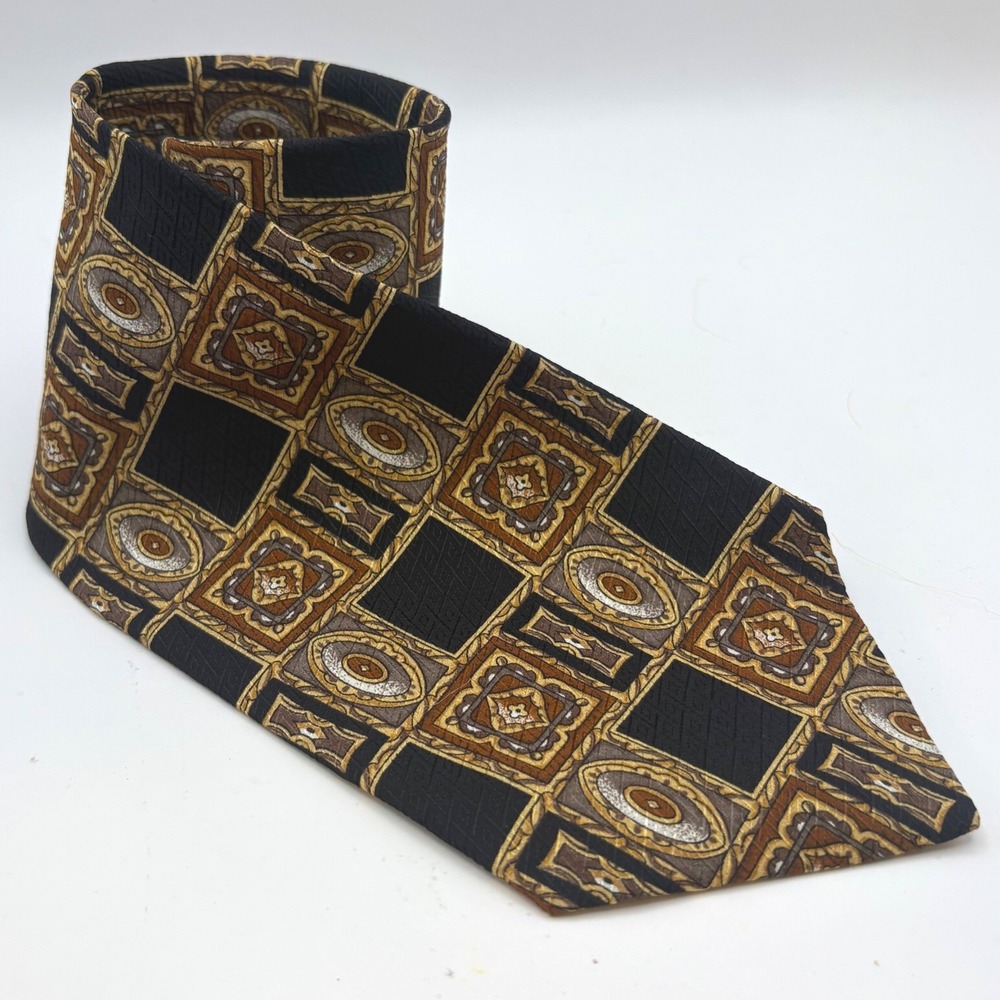 Vtg Monsieur Givenchy Silk Tie Black Gold Bronze Medallion Geometric Wide 4" 90s
